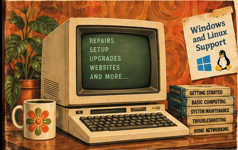 Vintage desktop computer, repair books, flower mug and Windows and Linux support card